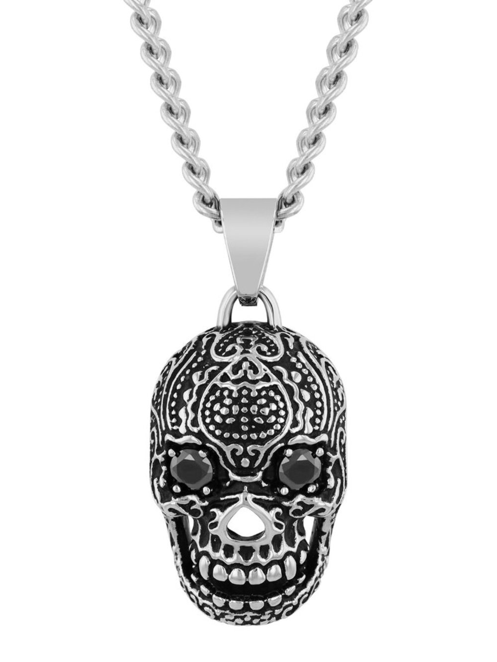 Believe by Brilliance Men's Stainless Steel Skull Pendant with Black Crystals